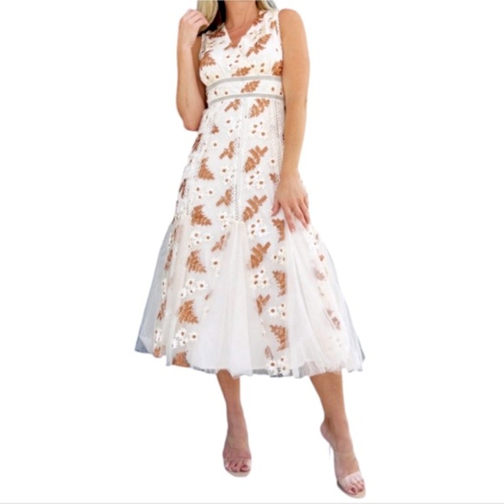 Just Me Floral Lace Midi Dress Cream Sleeveless Party Cocktail Guest Wedding